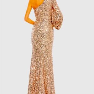 Sequined One Shoulder Bishop Sleeve with buttons Trumpet Gown (Rose gold)